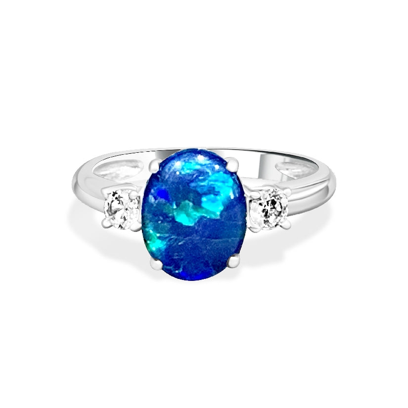 Sterling Silver Opal triplet 10x8mm and cubic zirconia trilogy ring - Masterpiece Jewellery Opal & Gems Sydney Australia | Online Shop