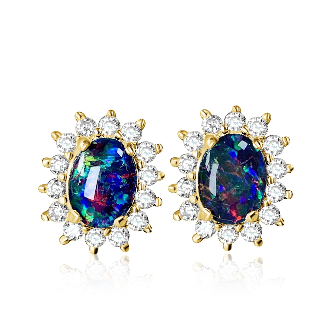 Yellow Gold plated silver 8x6mm Opal triplet cluster earrings - Masterpiece Jewellery Opal & Gems Sydney Australia | Online Shop