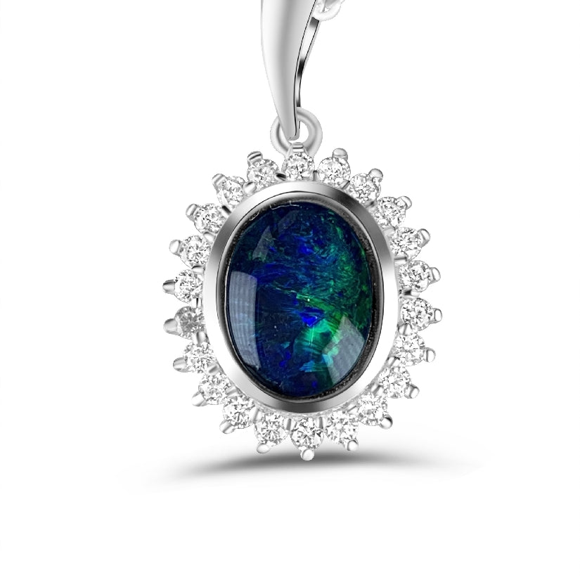Sterling Silver 9x7mm Opal triplet halo necklace - Masterpiece Jewellery Opal & Gems Sydney Australia | Online Shop