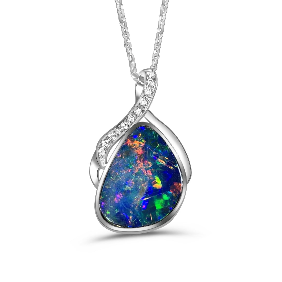 14kt White Gold Multi colour Opal 10x14mm and Diamond pendant - Masterpiece Jewellery Opal & Gems Sydney Australia | Online Shop