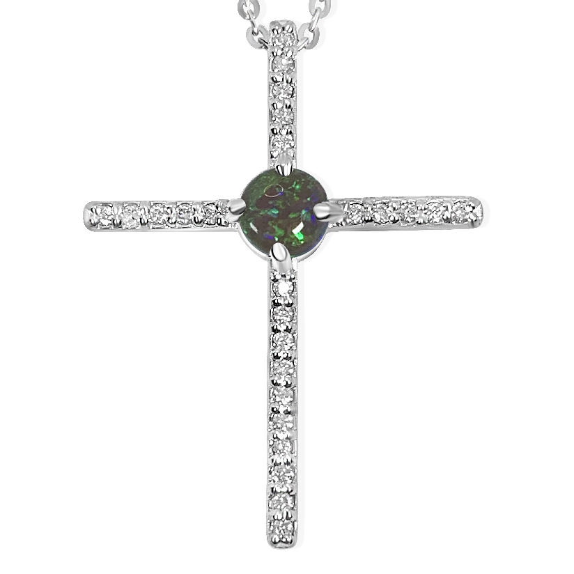 Platinum Cross set with Black Opal and Diamonds - Masterpiece Jewellery Opal & Gems Sydney Australia | Online Shop