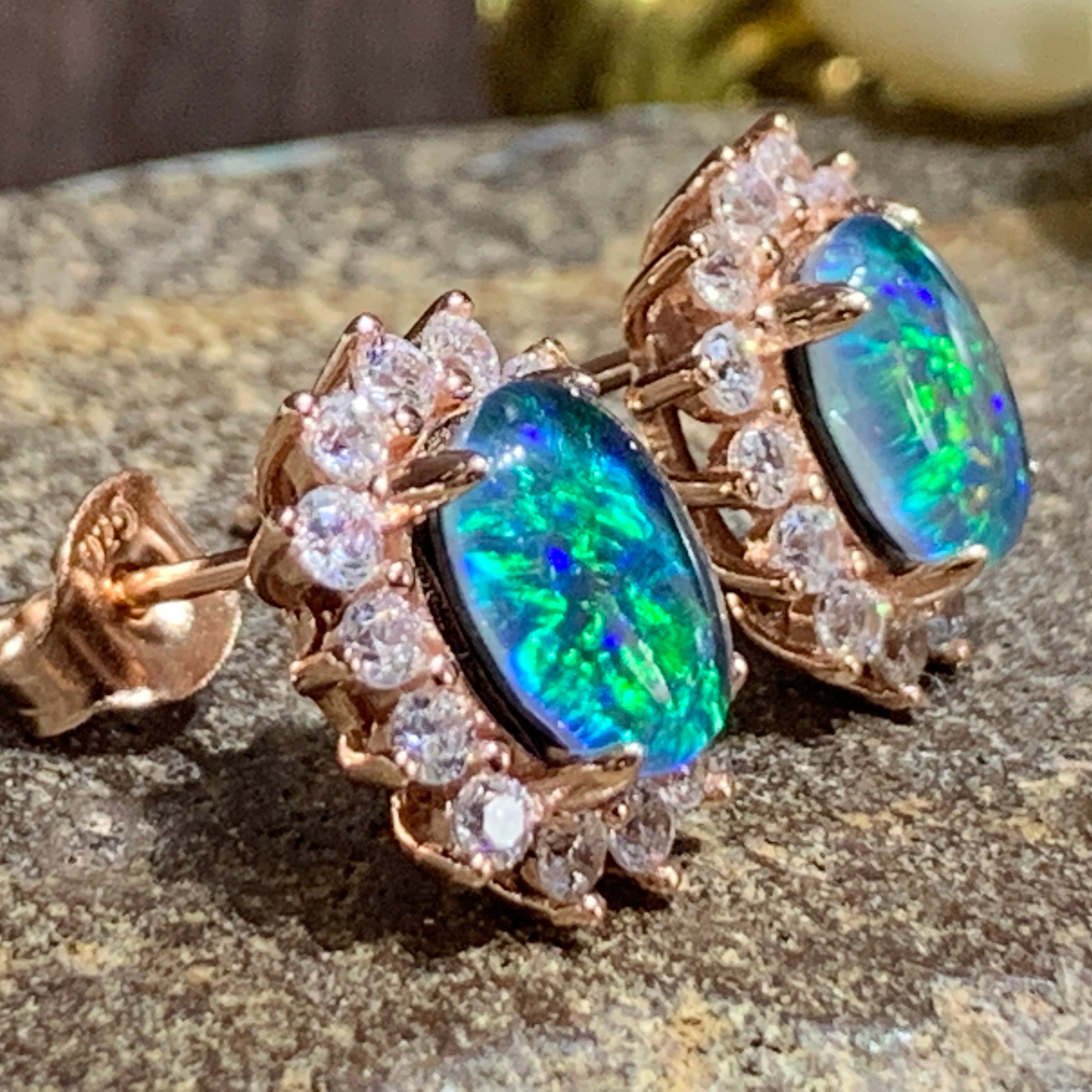 Silver Rose Gold plated 8x6 Opal Cluster earrings - Masterpiece Jewellery Opal & Gems Sydney Australia | Online Shop