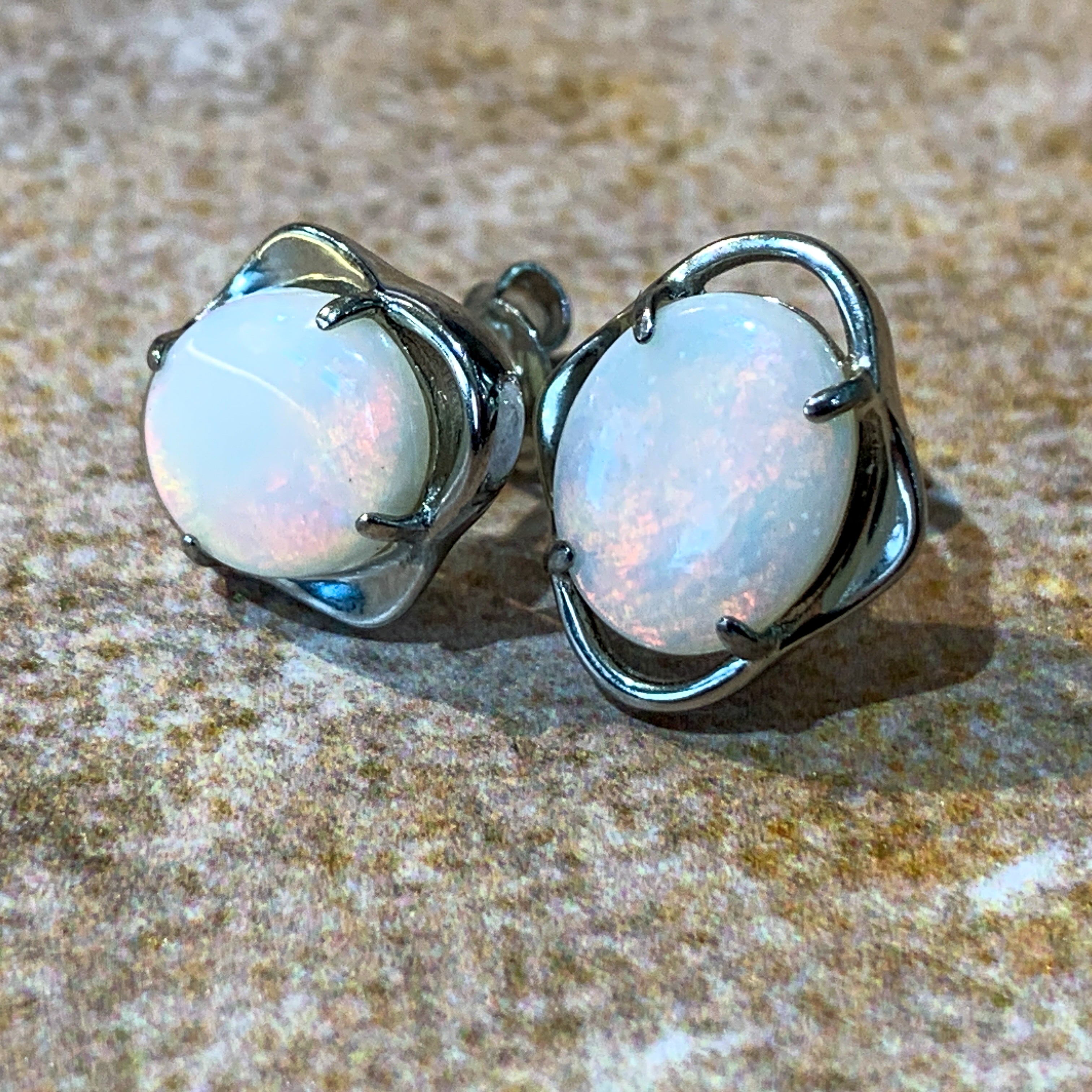 Sterling Silver 10x8mm White Opal fancy floral studs - Masterpiece Jewellery Opal & Gems Sydney Australia | Online Shop