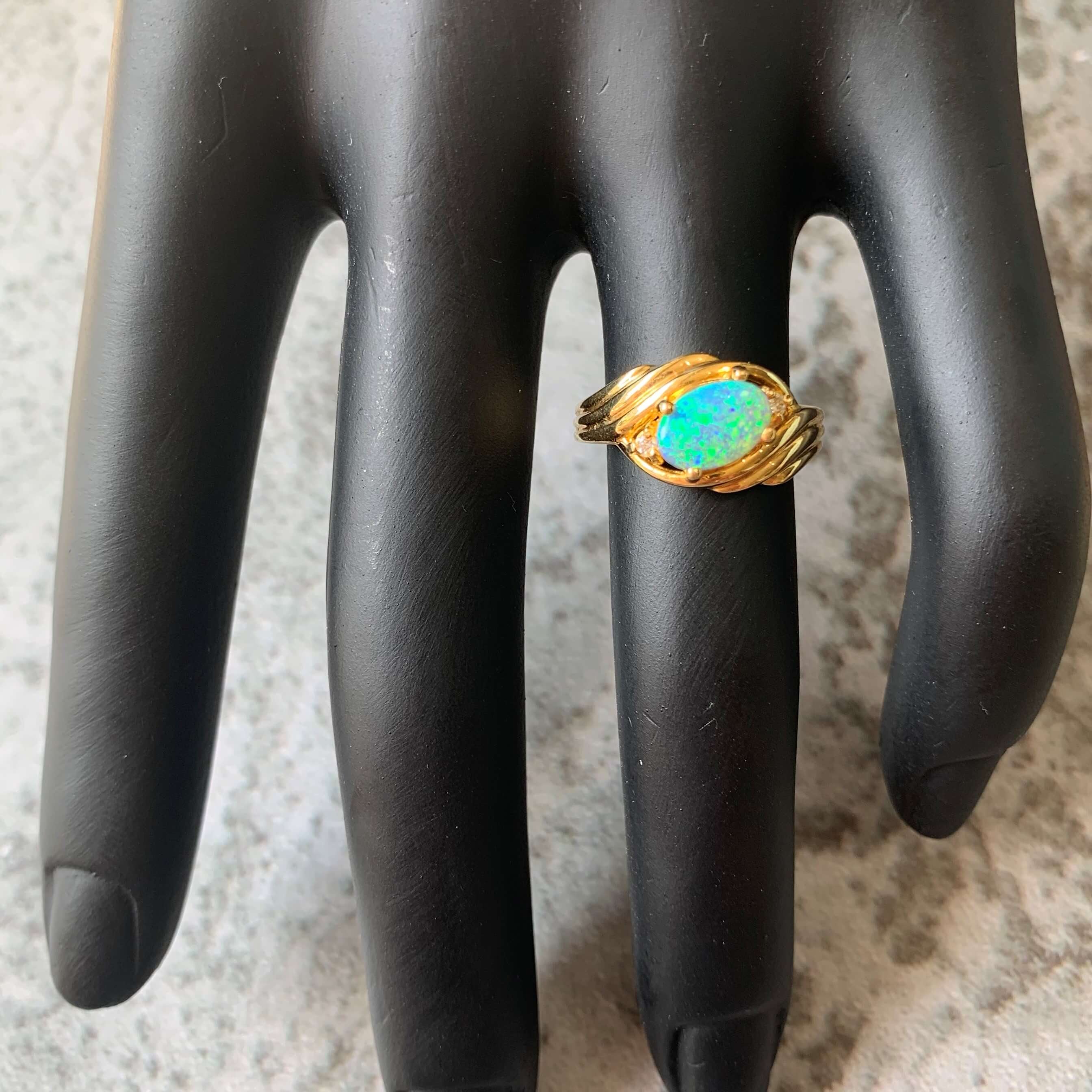 18kt Yellow Gold Black Opal and Diamond slanted ring - Masterpiece Jewellery Opal & Gems Sydney Australia | Online Shop