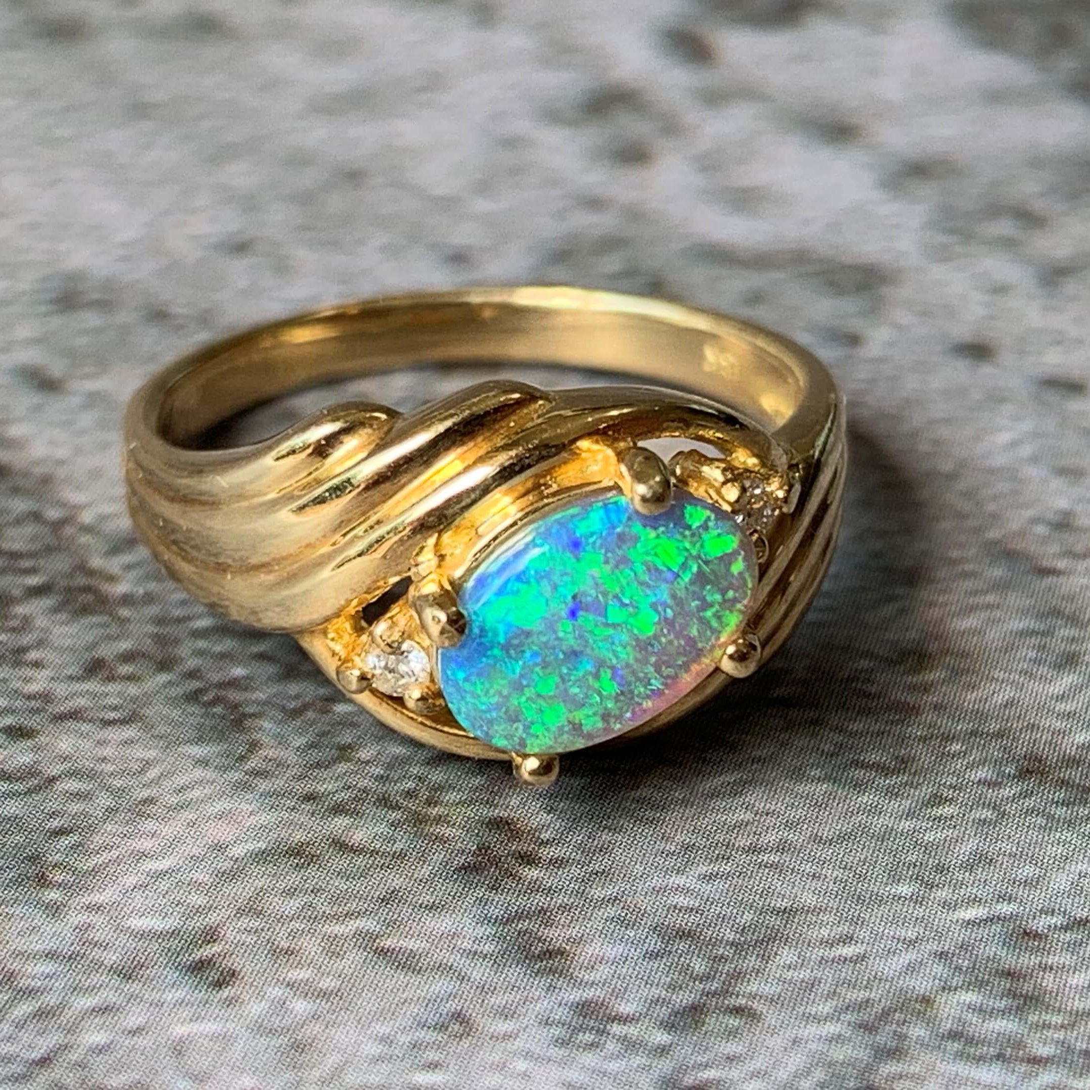 18kt Yellow Gold Black Opal and Diamond slanted ring - Masterpiece Jewellery Opal & Gems Sydney Australia | Online Shop