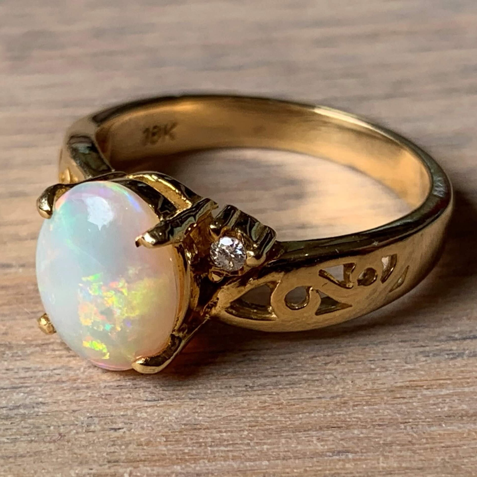 18kt Yellow Gold White Opal and Diamond ring - Masterpiece Jewellery Opal & Gems Sydney Australia | Online Shop