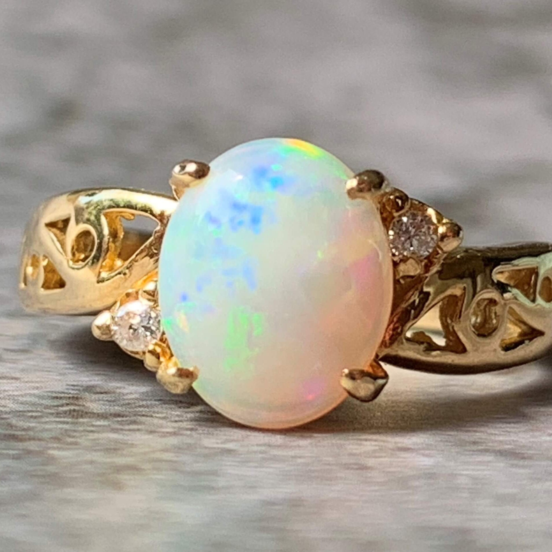 18kt Yellow Gold White Opal and Diamond ring - Masterpiece Jewellery Opal & Gems Sydney Australia | Online Shop