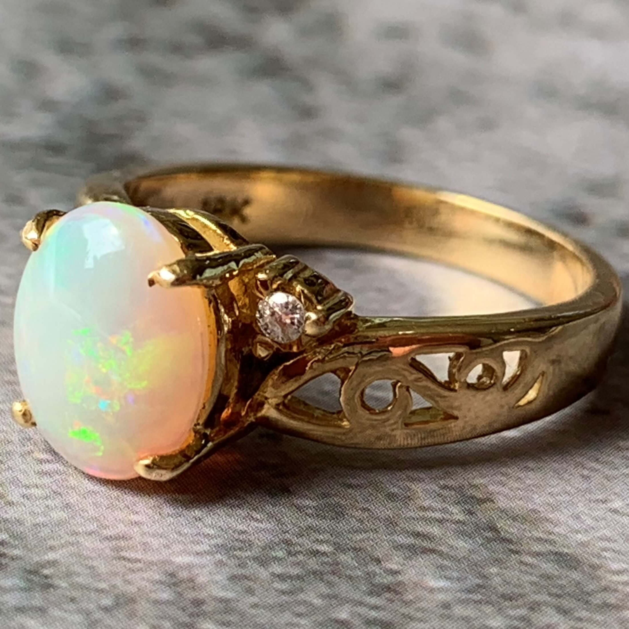 18kt Yellow Gold White Opal and Diamond ring - Masterpiece Jewellery Opal & Gems Sydney Australia | Online Shop