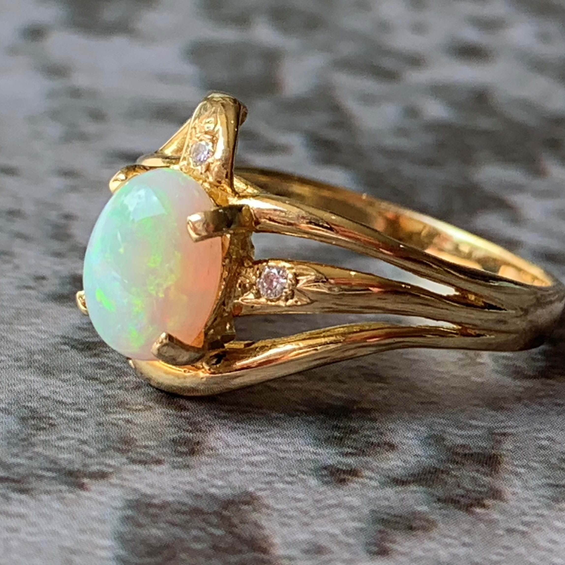 18kt Yellow Gold swirl Opal and Diamond ring - Masterpiece Jewellery Opal & Gems Sydney Australia | Online Shop