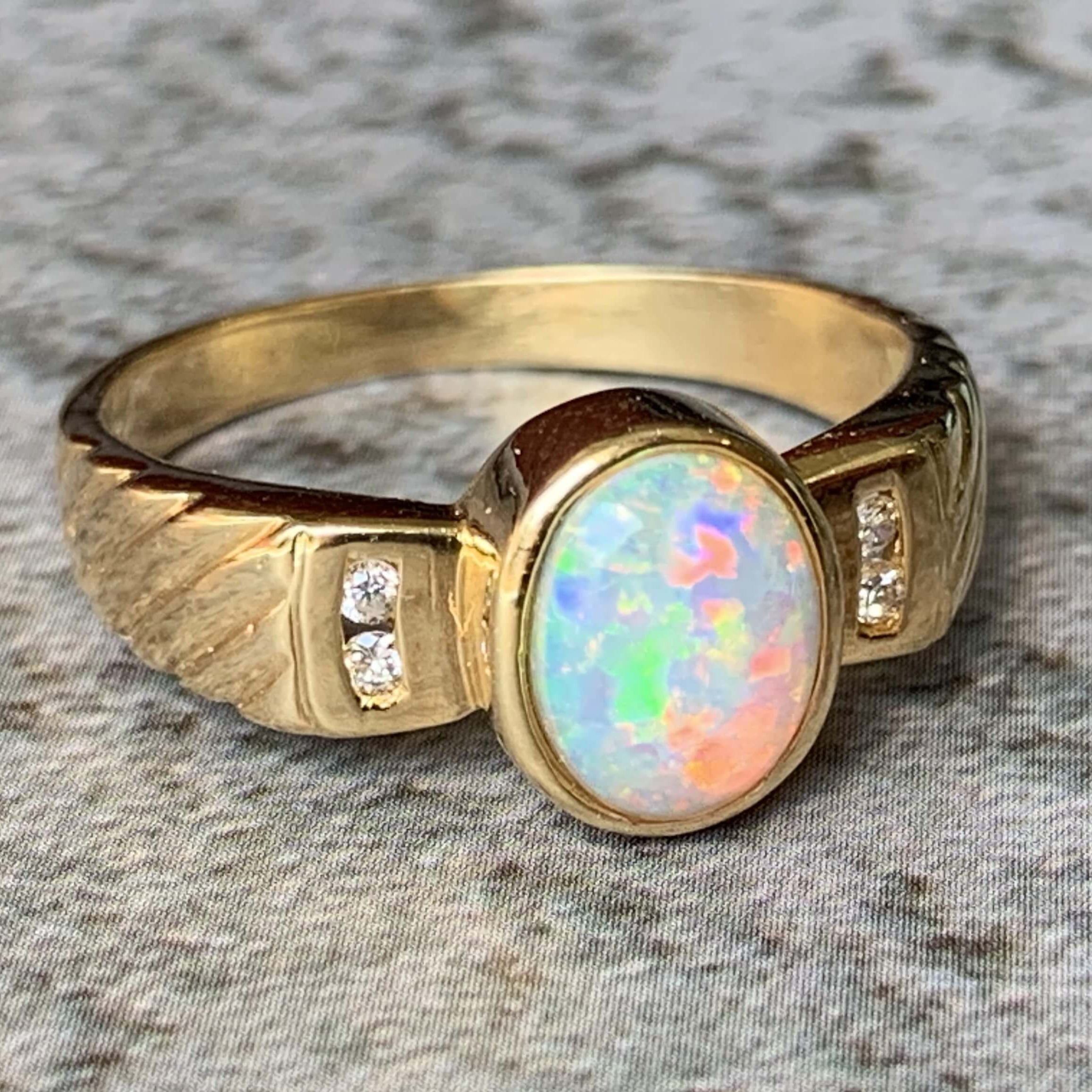 18kt Yellow Gold Crystal Opal and Diamond ring - Masterpiece Jewellery Opal & Gems Sydney Australia | Online Shop