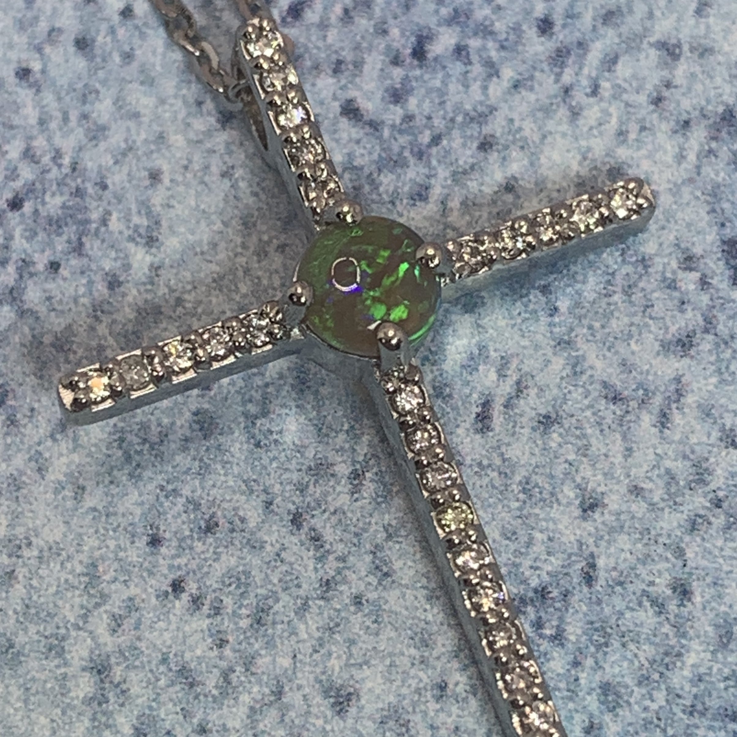Platinum Cross set with Black Opal and Diamonds - Masterpiece Jewellery Opal & Gems Sydney Australia | Online Shop