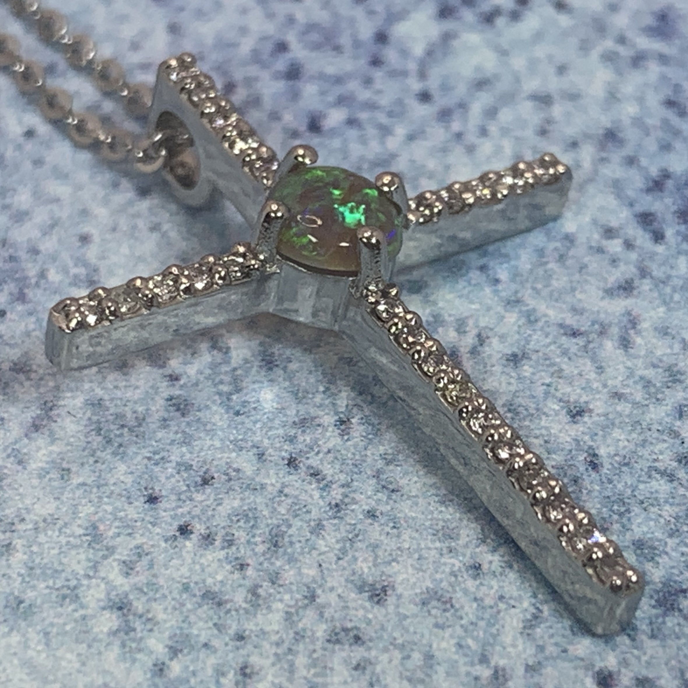 Platinum Cross set with Black Opal and Diamonds - Masterpiece Jewellery Opal & Gems Sydney Australia | Online Shop