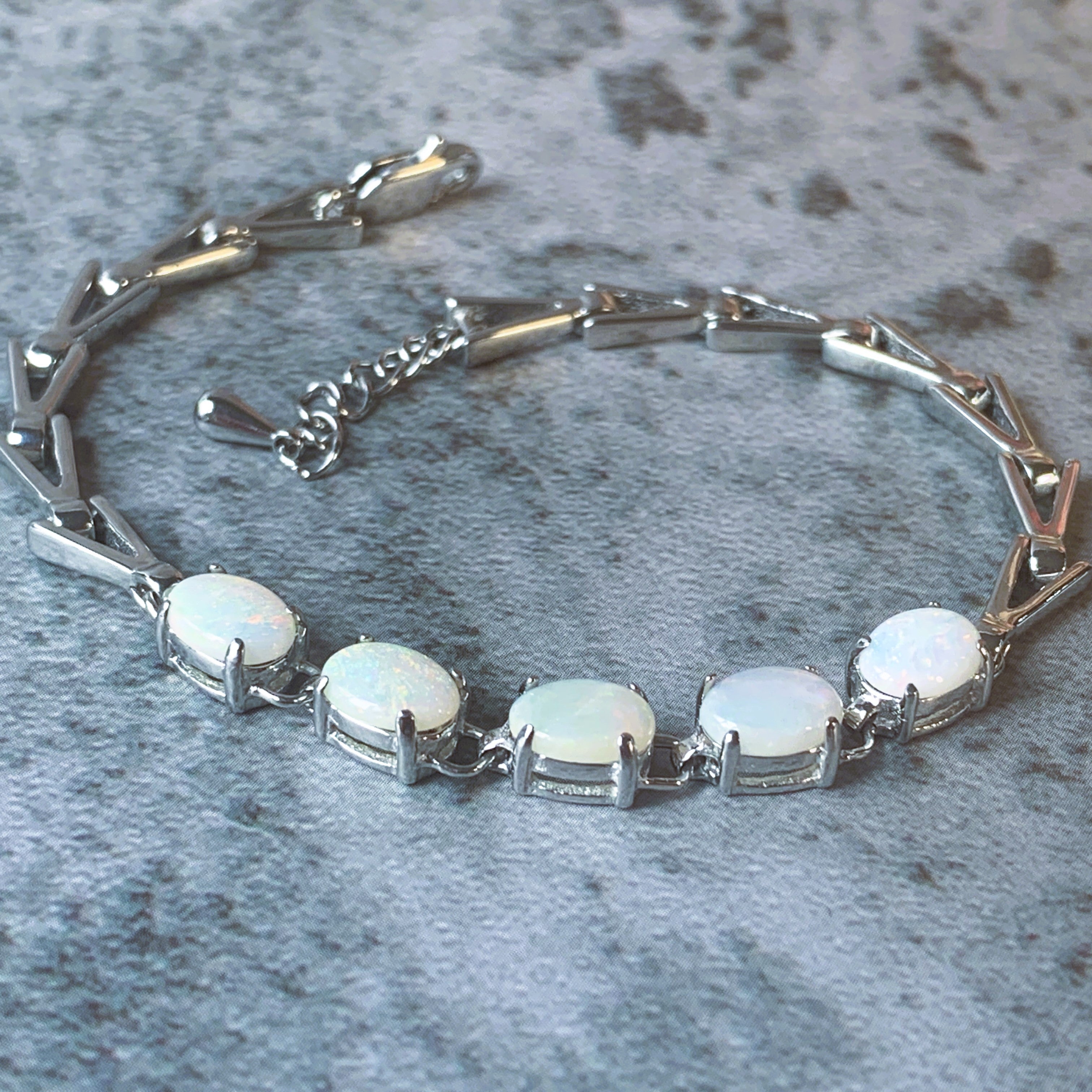 Sterling Silver 5 White Opal 8x6mm Bracelet - Masterpiece Jewellery Opal & Gems Sydney Australia | Online Shop