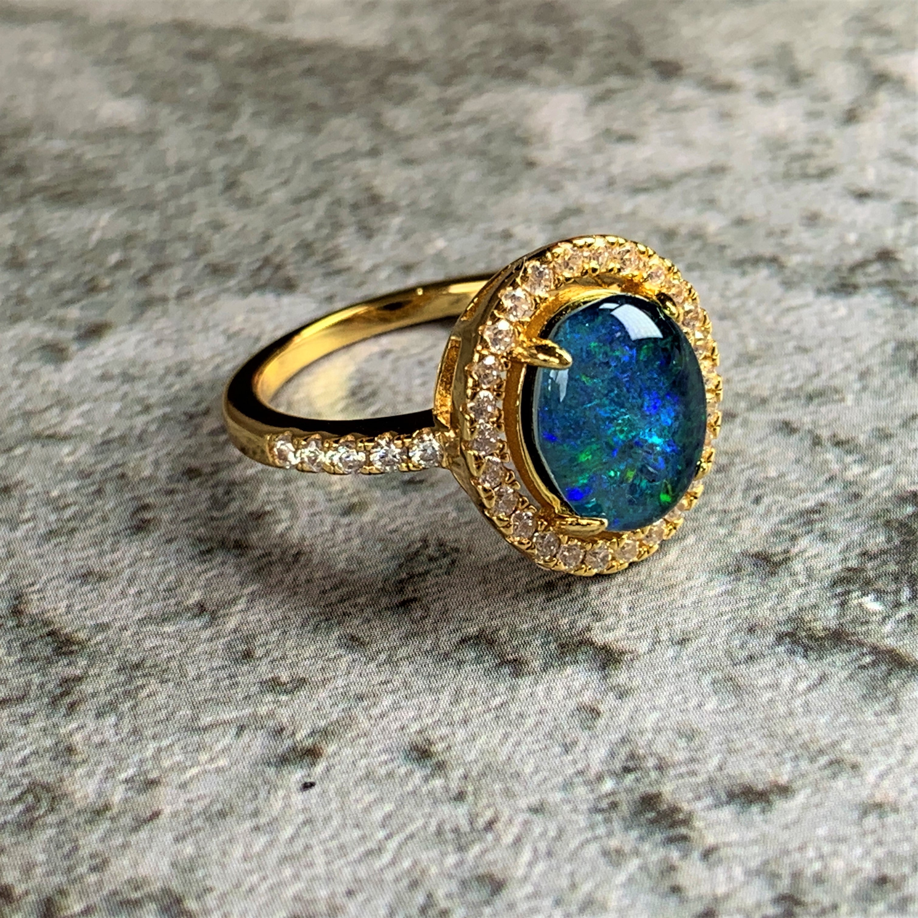 Gold Plated Sterling Silver Opal triplet 10x8mm halo ring - Masterpiece Jewellery Opal & Gems Sydney Australia | Online Shop