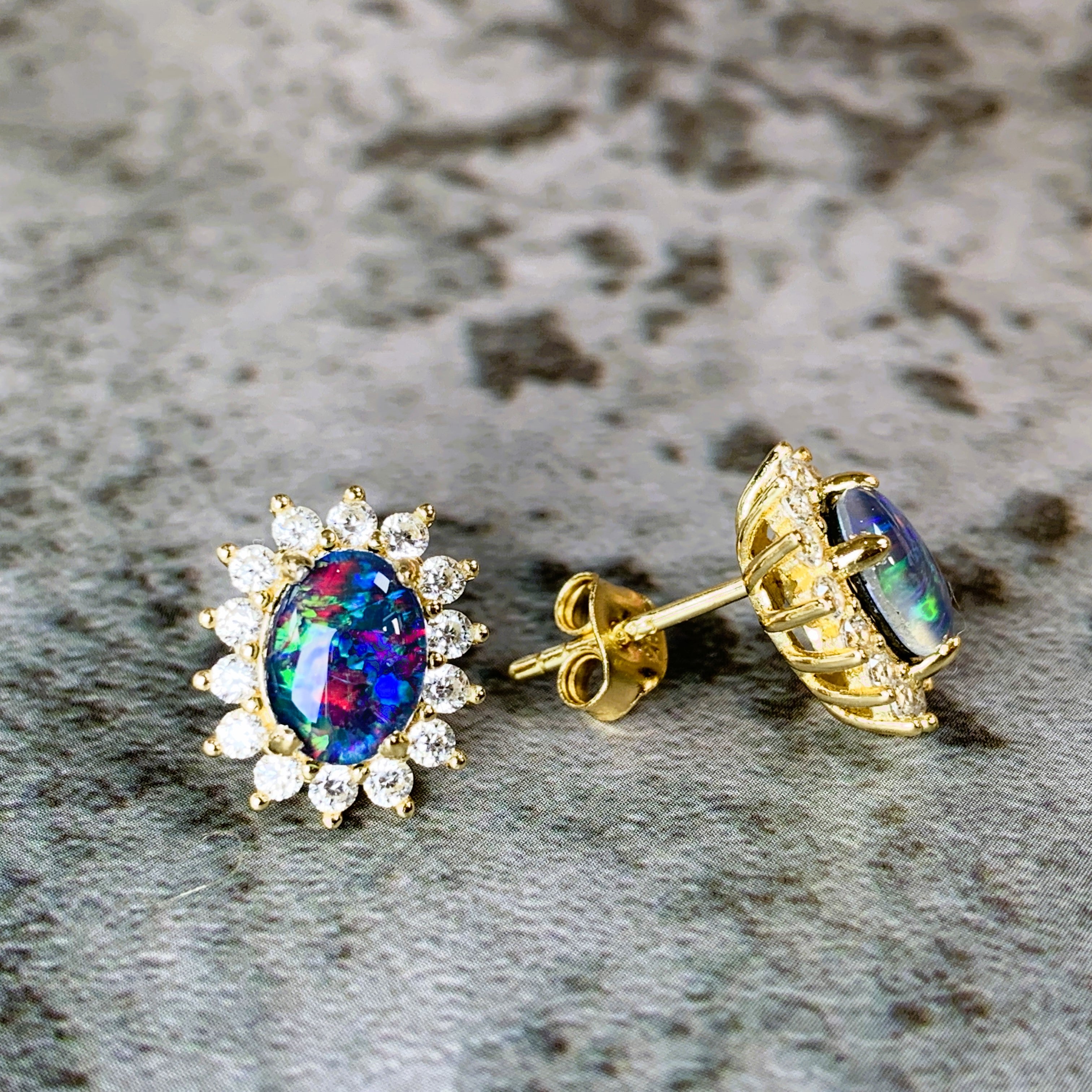 Yellow Gold plated silver 8x6mm Opal triplet cluster earrings - Masterpiece Jewellery Opal & Gems Sydney Australia | Online Shop
