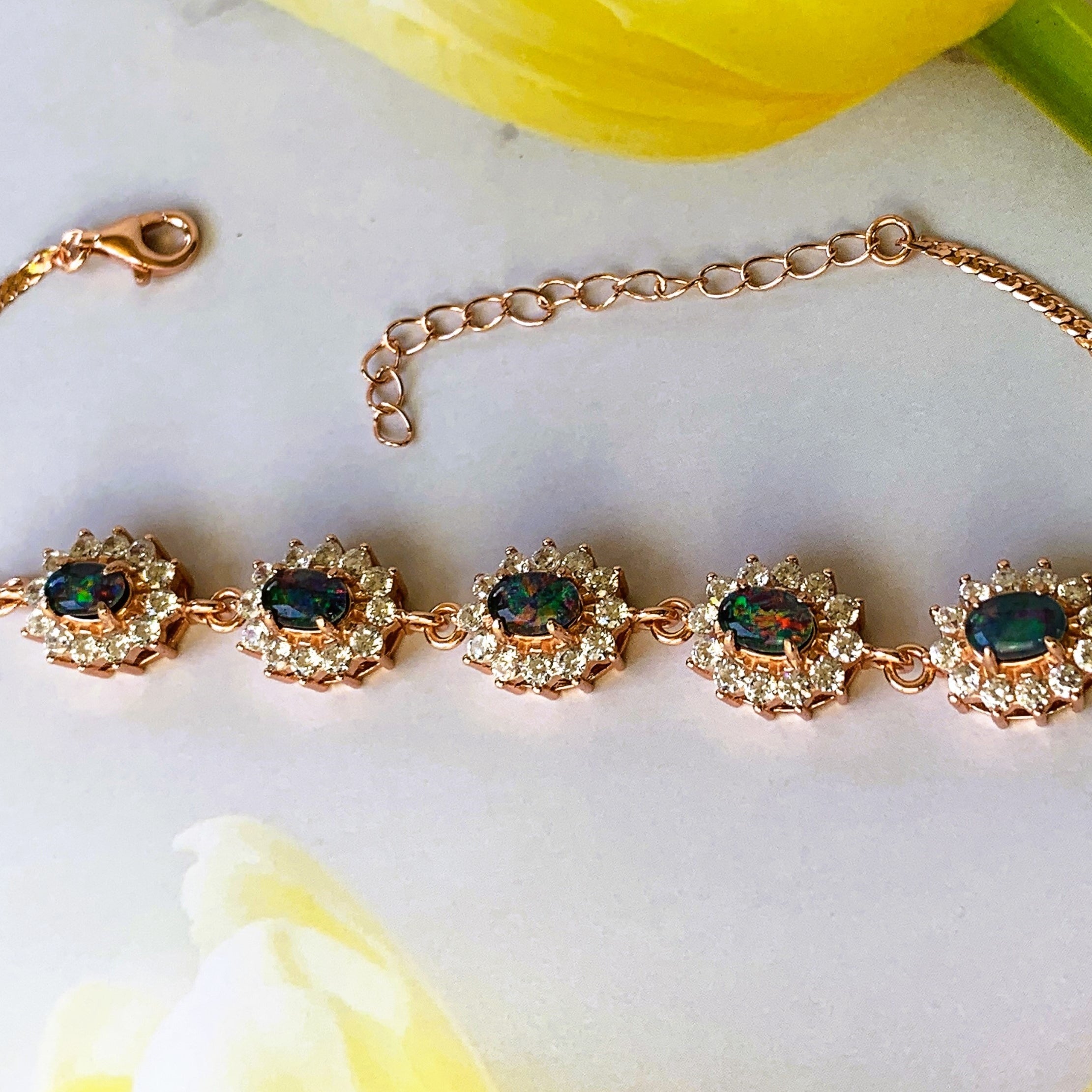 18kt Rose Gold plated Silver Opal 6x4mm Triplet cluster bracelet - Masterpiece Jewellery Opal & Gems Sydney Australia | Online Shop