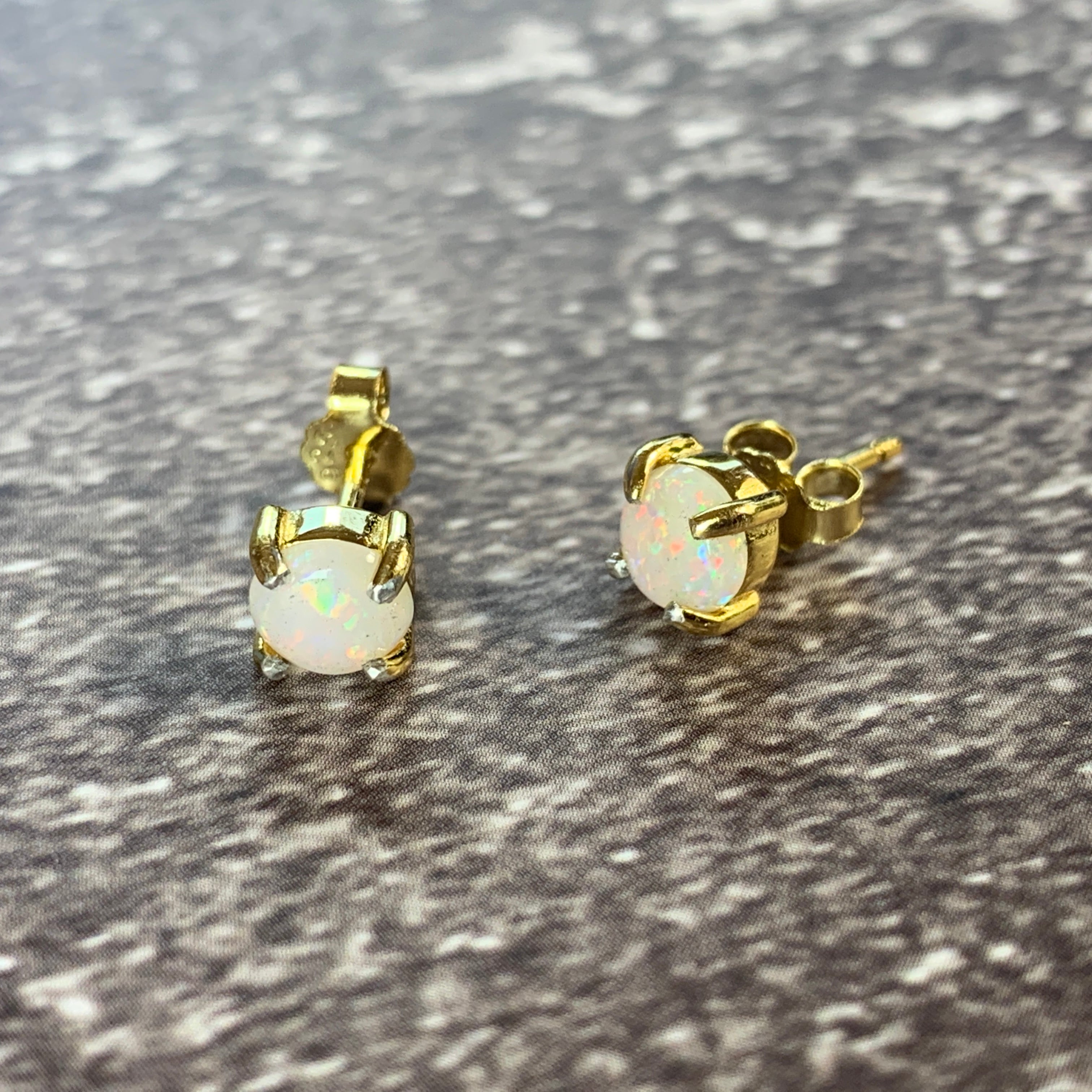 5mm Round White Opal Yellow Gold plated studs claw set - Masterpiece Jewellery Opal & Gems Sydney Australia | Online Shop