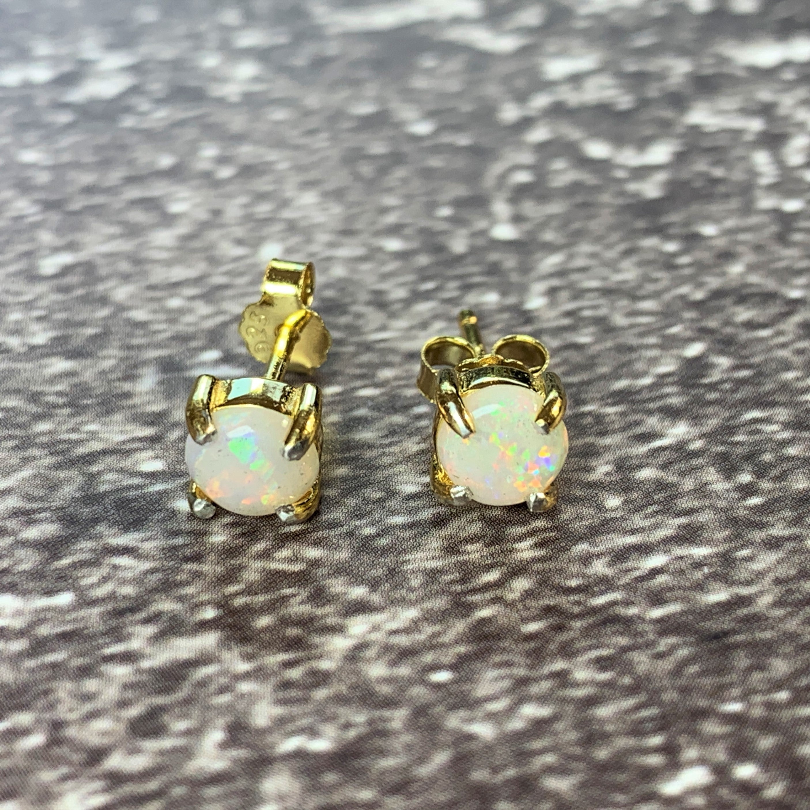 5mm Round White Opal Yellow Gold plated studs claw set - Masterpiece Jewellery Opal & Gems Sydney Australia | Online Shop
