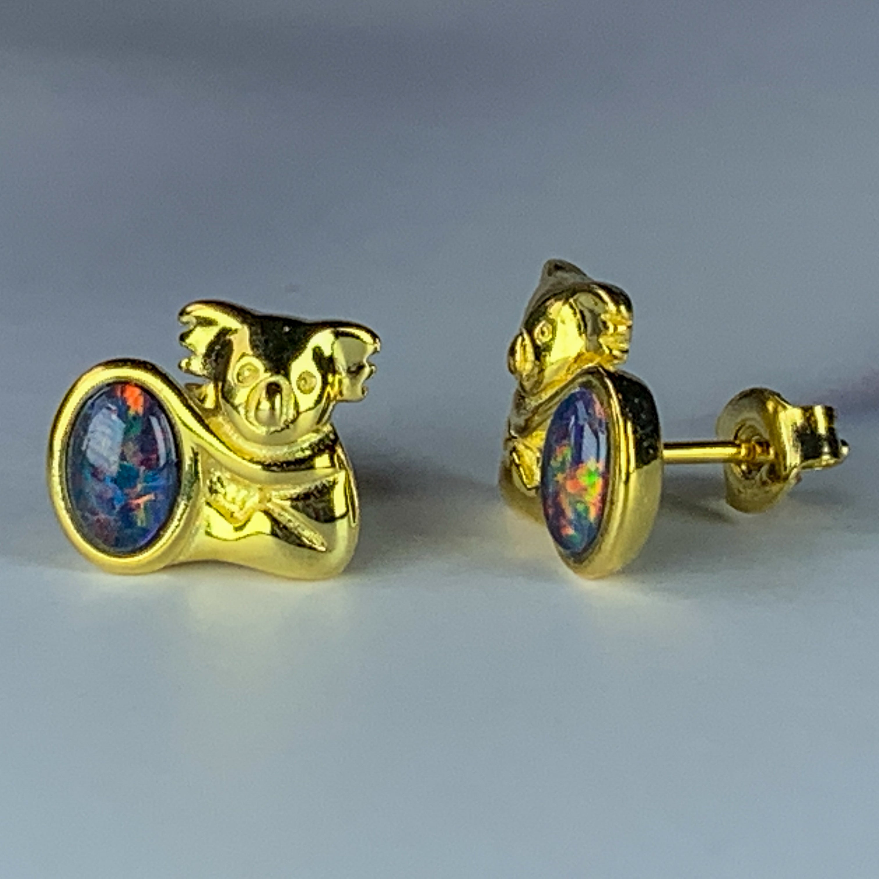 Gold plated Koala stud earrings 6x4mm Opals - Masterpiece Jewellery Opal & Gems Sydney Australia | Online Shop