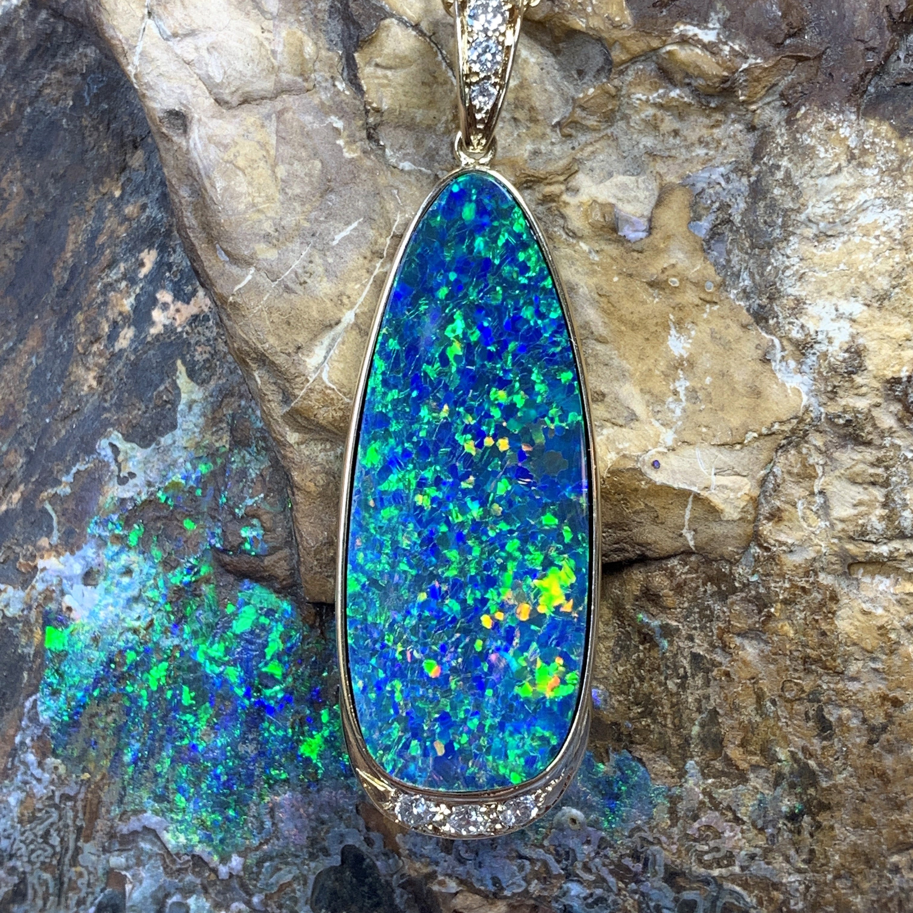 14kt Yellow Gold 12.77ct Opal doublet and Diamond pendant - Masterpiece Jewellery Opal & Gems Sydney Australia | Online Shop
