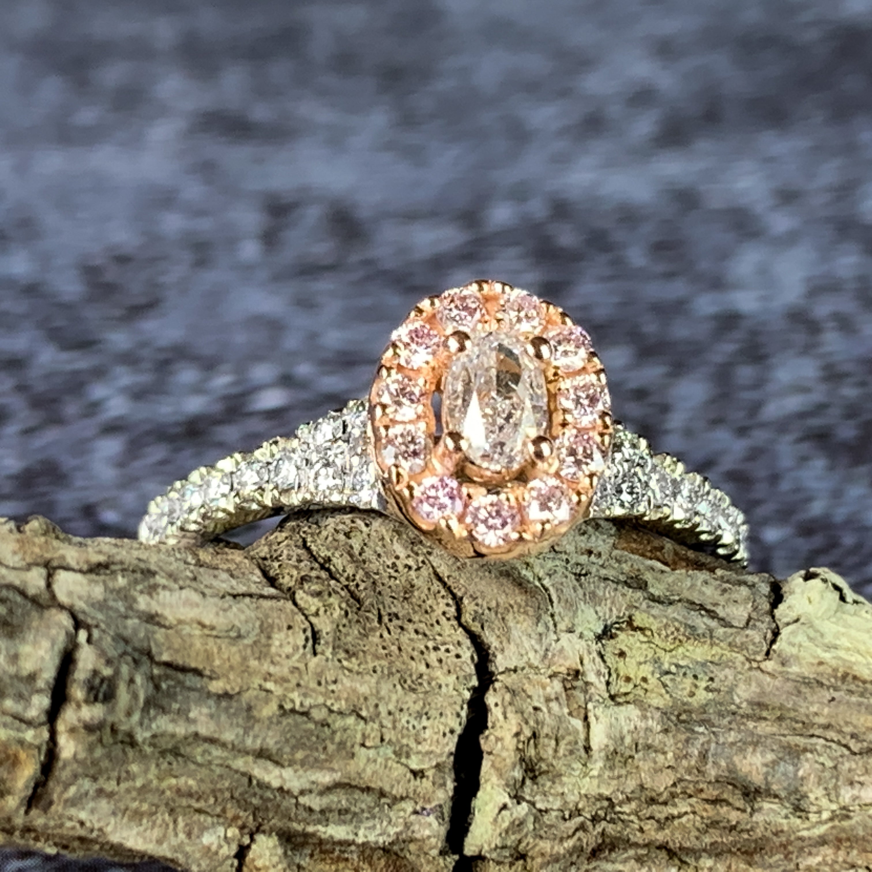 Platinum and 18kt Rose Gold cluster halo design ring with Pink and White Diamonds - Masterpiece Jewellery Opal & Gems Sydney Australia | Online Shop