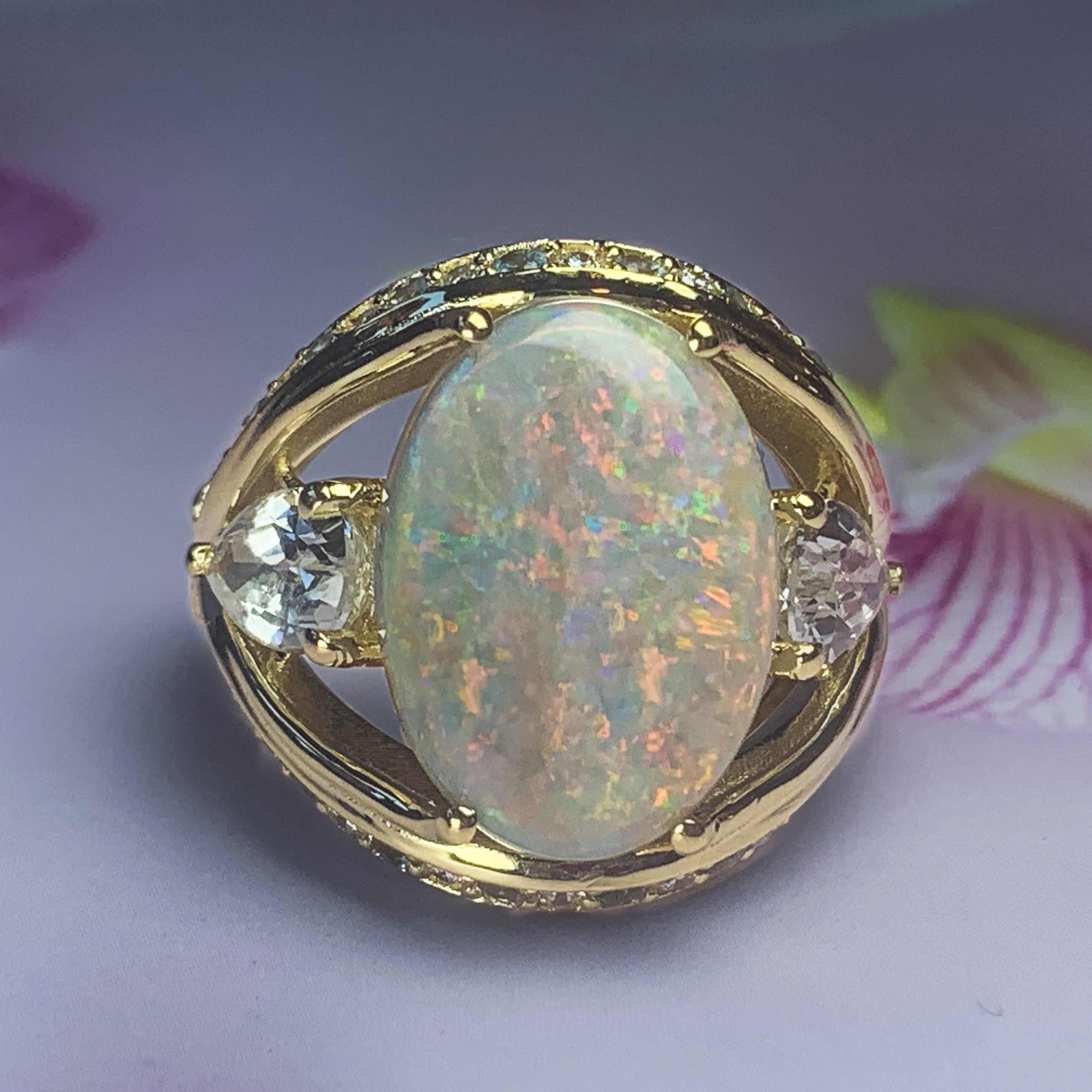 18kt Yellow Gold Black Opal, Sapphire, Aquamarine and Diamond ring - Masterpiece Jewellery Opal & Gems Sydney Australia | Online Shop