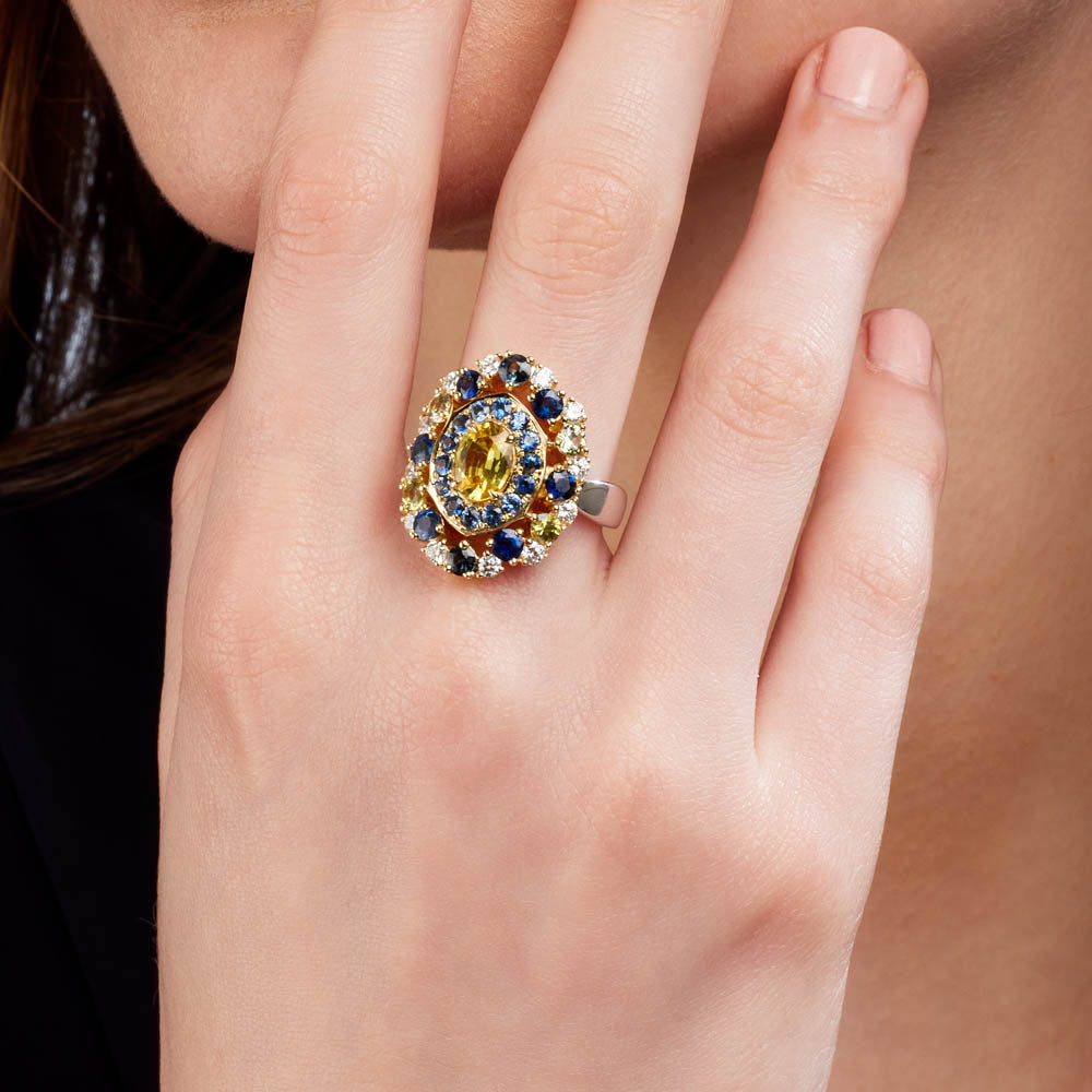 18kt Yellow and White Gold ring Multi colour Australian Sapphire and Diamonds - Masterpiece Jewellery Opal & Gems Sydney Australia | Online Shop