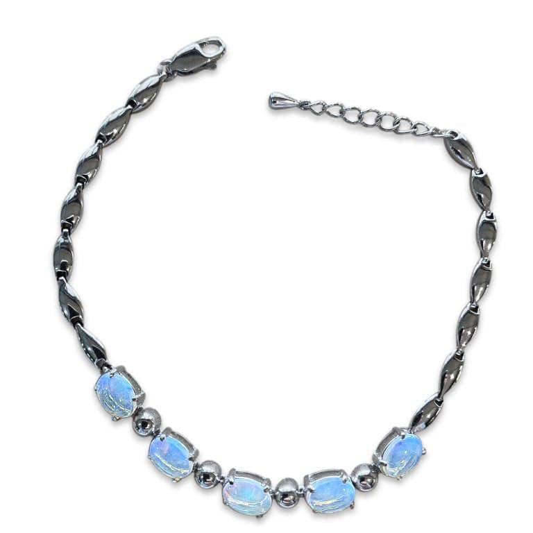 One sterling sliver bracelet set with 5 Australian White Opal - Masterpiece Jewellery Opal & Gems Sydney Australia | Online Shop