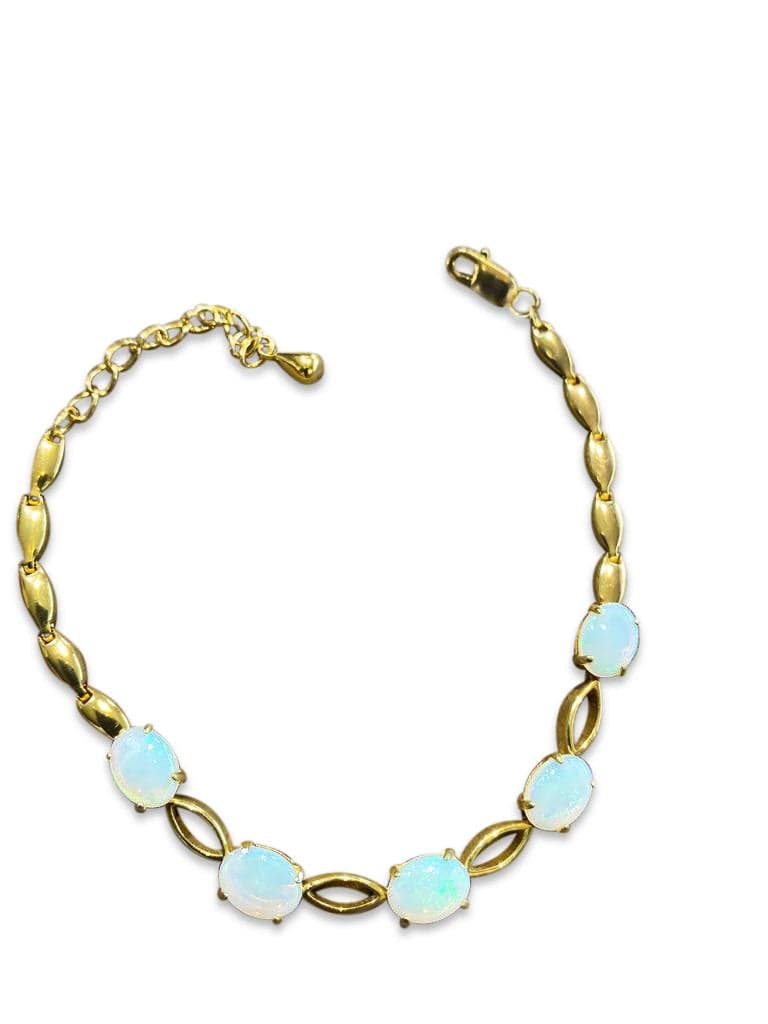 Sterling sliver yellow gold plated bracelet set with 5 Australian White Opal - Masterpiece Jewellery Opal & Gems Sydney Australia | Online Shop