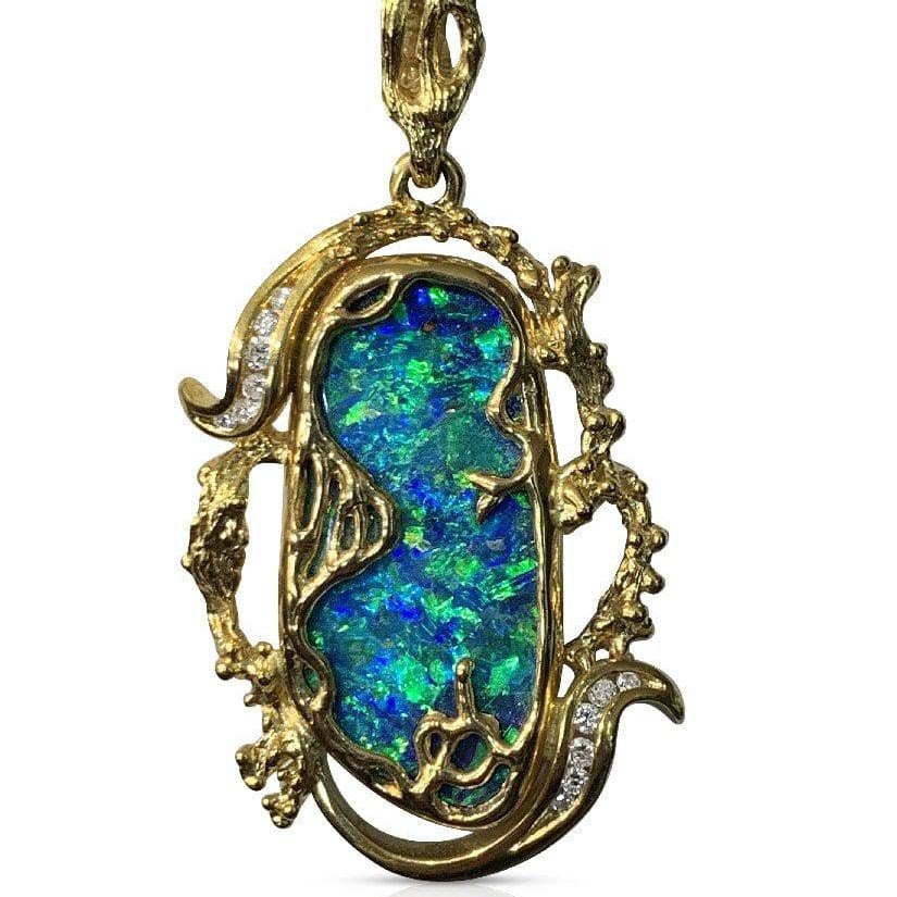 18kt Yellow Gold handmade Boulder Opal and DIamond pendant - Masterpiece Jewellery Opal & Gems Sydney Australia | Online Shop