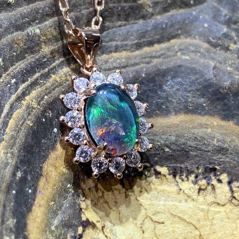Sterling Silver Rose Gold plated Opal triplet cluster pendant - Masterpiece Jewellery Opal & Gems Sydney Australia | Online Shop
