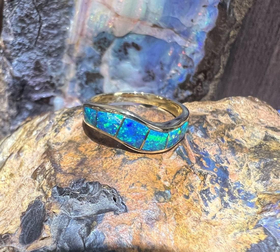 14kt Yellow Gold wave ring set with Opal inlayed - Masterpiece Jewellery Opal & Gems Sydney Australia | Online Shop