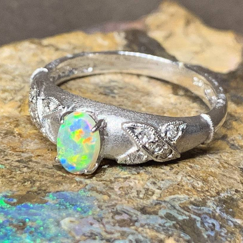 18kt White Gold Crystal Opal and Diamond ring - Masterpiece Jewellery Opal & Gems Sydney Australia | Online Shop