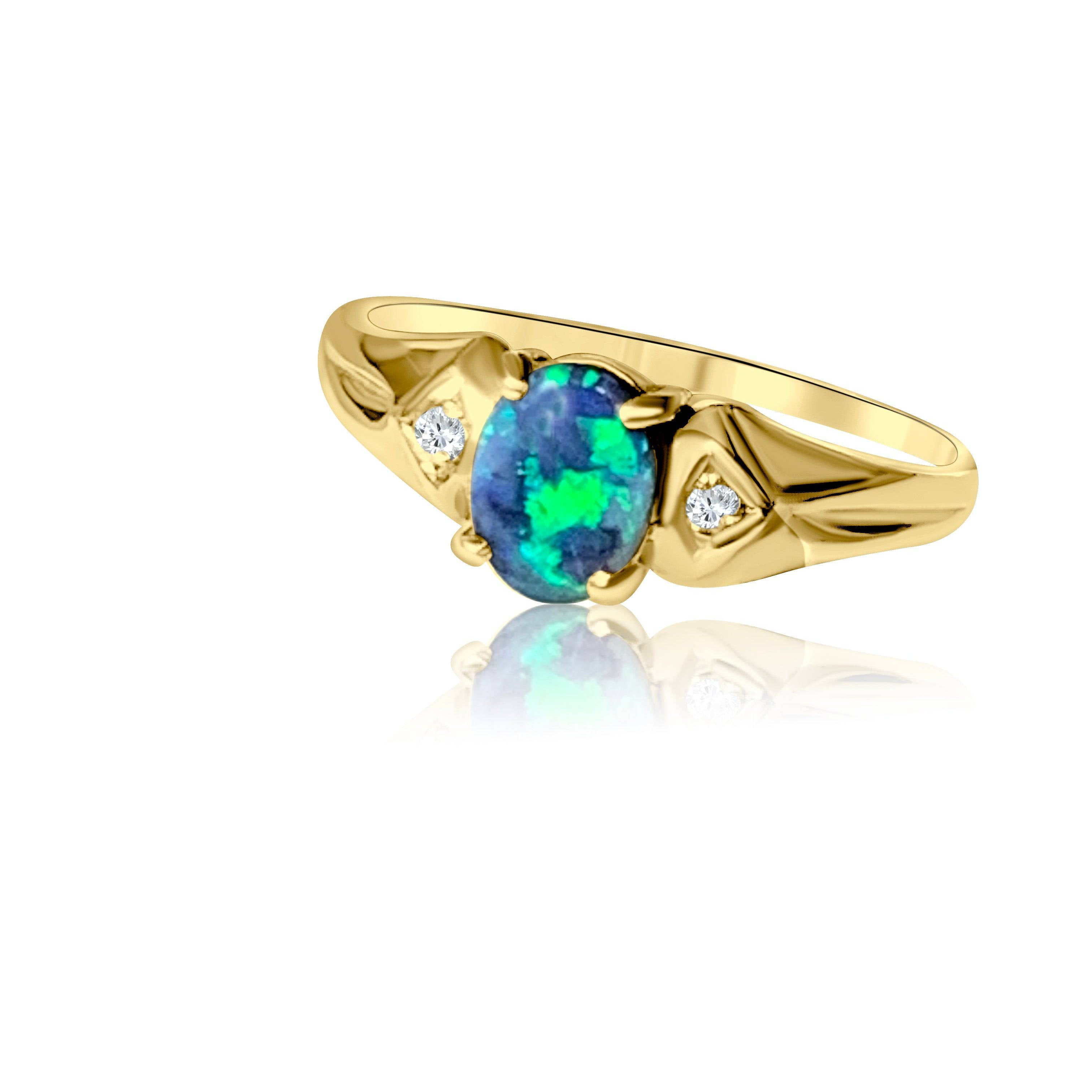 18kt Yellow Gold Black Opal and Diamond ring - Masterpiece Jewellery Opal & Gems Sydney Australia | Online Shop