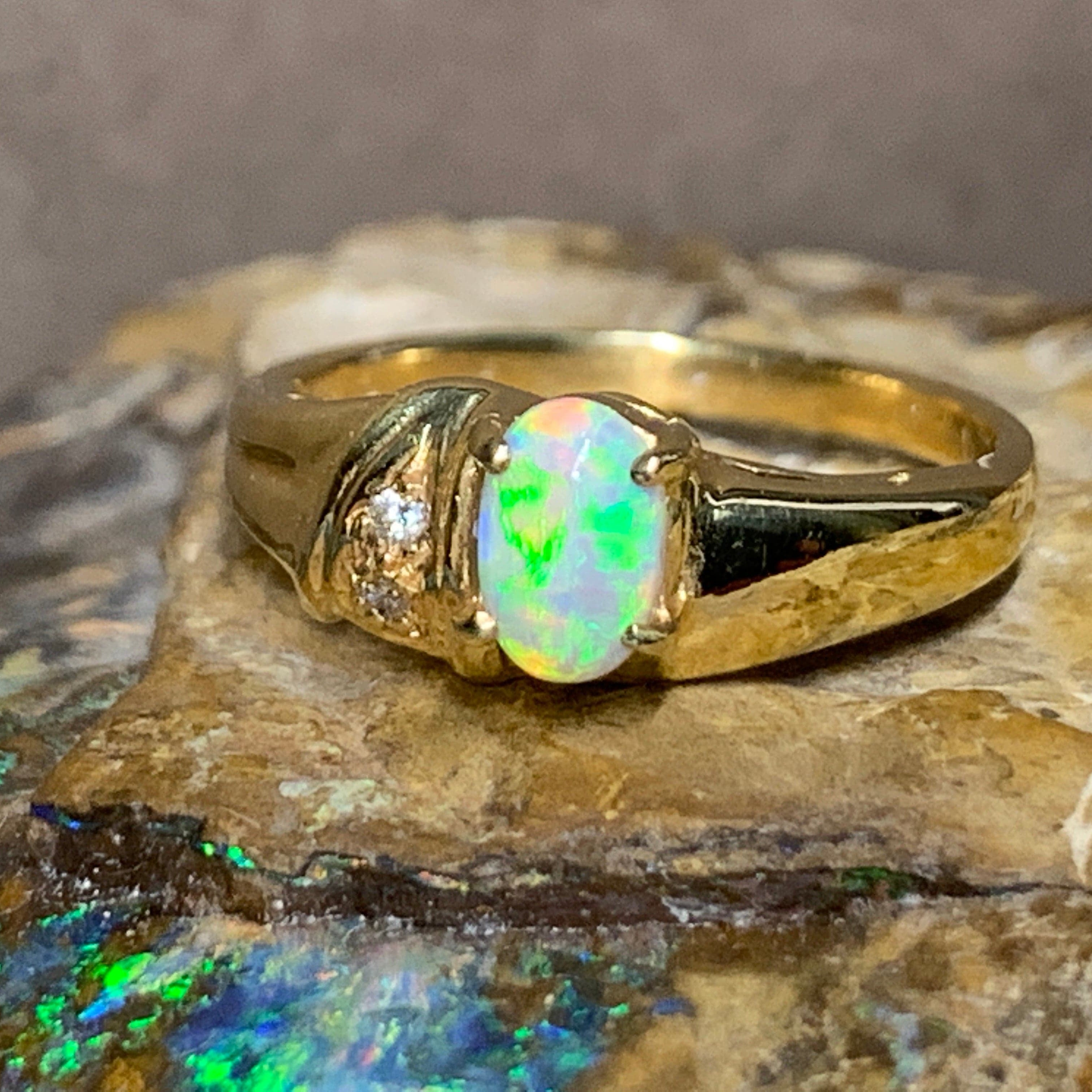 18kt Yellow Gold Black Opal crystal and diamond ring - Masterpiece Jewellery Opal & Gems Sydney Australia | Online Shop