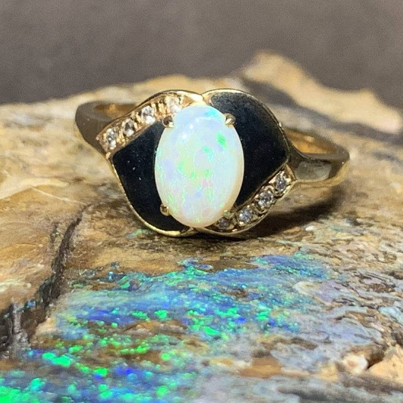 18kt Yellow Gold Opal , Onyx and Diamond ring - Masterpiece Jewellery Opal & Gems Sydney Australia | Online Shop