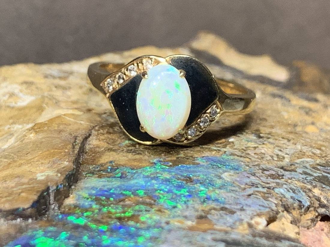 18kt Yellow Gold Opal , Onyx and Diamond ring - Masterpiece Jewellery Opal & Gems Sydney Australia | Online Shop