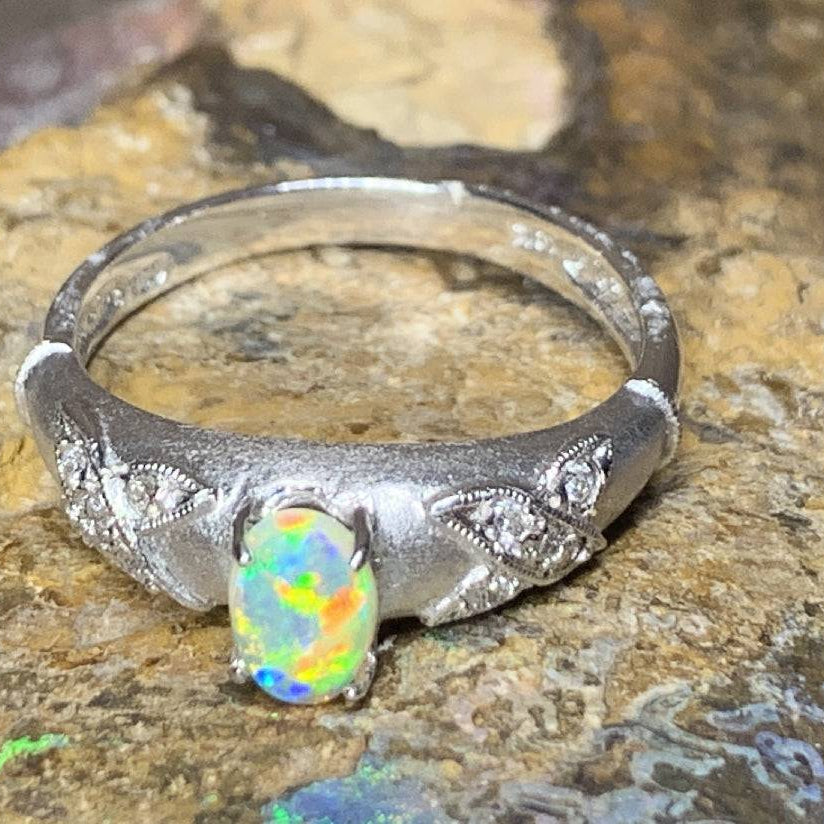 18kt White Gold Crystal Opal and Diamond ring - Masterpiece Jewellery Opal & Gems Sydney Australia | Online Shop
