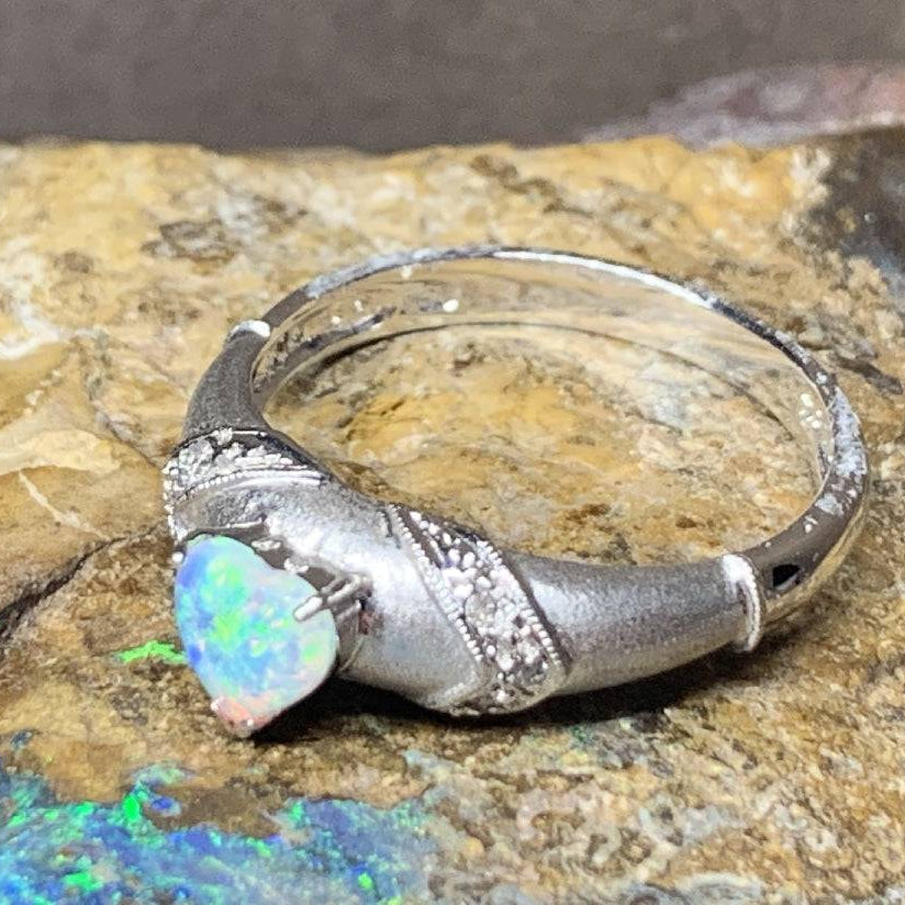 18kt White Gold heart shape Opal and diamond ring - Masterpiece Jewellery Opal & Gems Sydney Australia | Online Shop