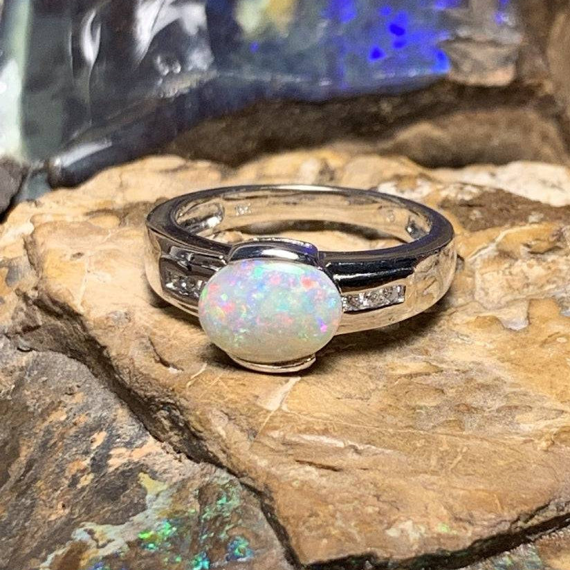 18kt White Gold Light Opal Fire and Diamond ring - Masterpiece Jewellery Opal & Gems Sydney Australia | Online Shop