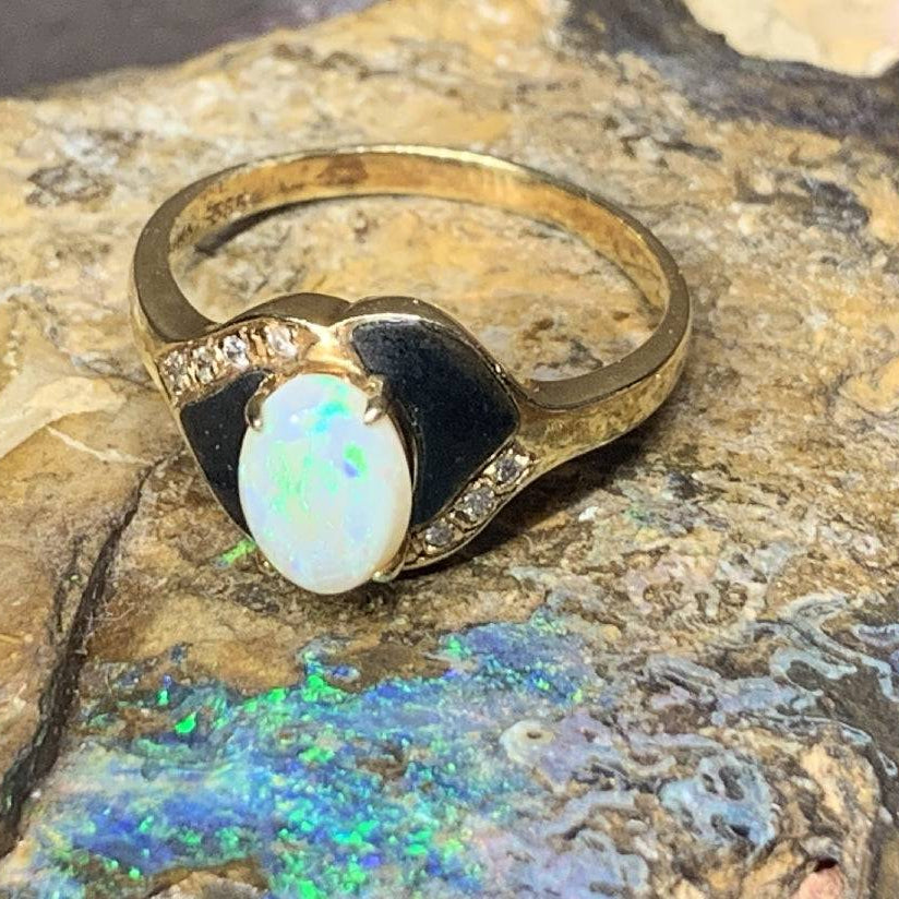 18kt Yellow Gold Opal , Onyx and Diamond ring - Masterpiece Jewellery Opal & Gems Sydney Australia | Online Shop