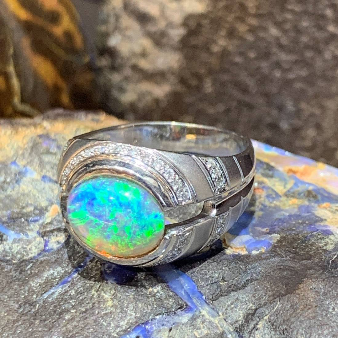 One 18kt White Gold designer ring with Black Crystal Opal and Diamonds - Masterpiece Jewellery Opal & Gems Sydney Australia | Online Shop
