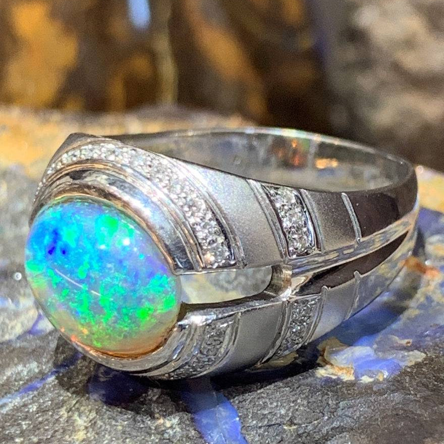 One 18kt White Gold designer ring with Black Crystal Opal and Diamonds - Masterpiece Jewellery Opal & Gems Sydney Australia | Online Shop