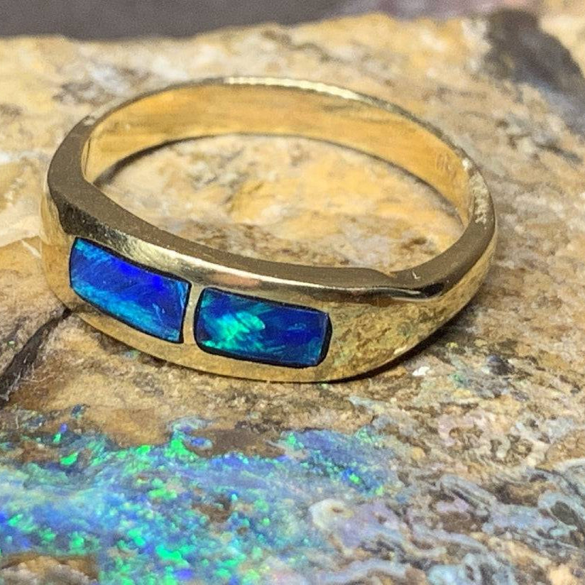 One 18kt Yellow Gold 2 Opal inlay bar band - Masterpiece Jewellery Opal & Gems Sydney Australia | Online Shop