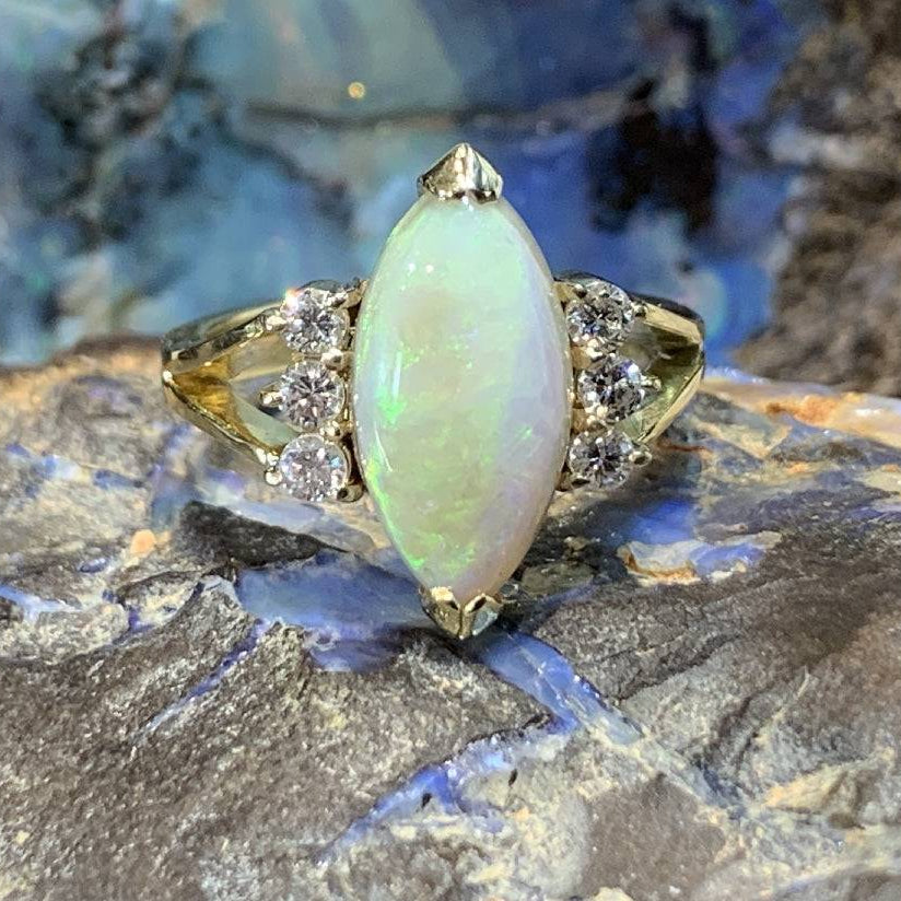 14kt Yellow Gold Marquise Opal and Diamond ring - Masterpiece Jewellery Opal & Gems Sydney Australia | Online Shop