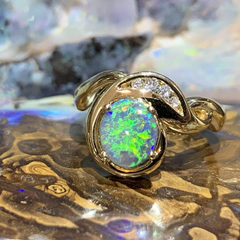 18kt Yellow Gold Black Opal and DIamond ring - Masterpiece Jewellery Opal & Gems Sydney Australia | Online Shop