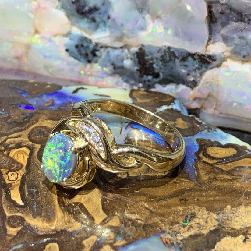 18kt Yellow Gold Black Opal and DIamond ring - Masterpiece Jewellery Opal & Gems Sydney Australia | Online Shop