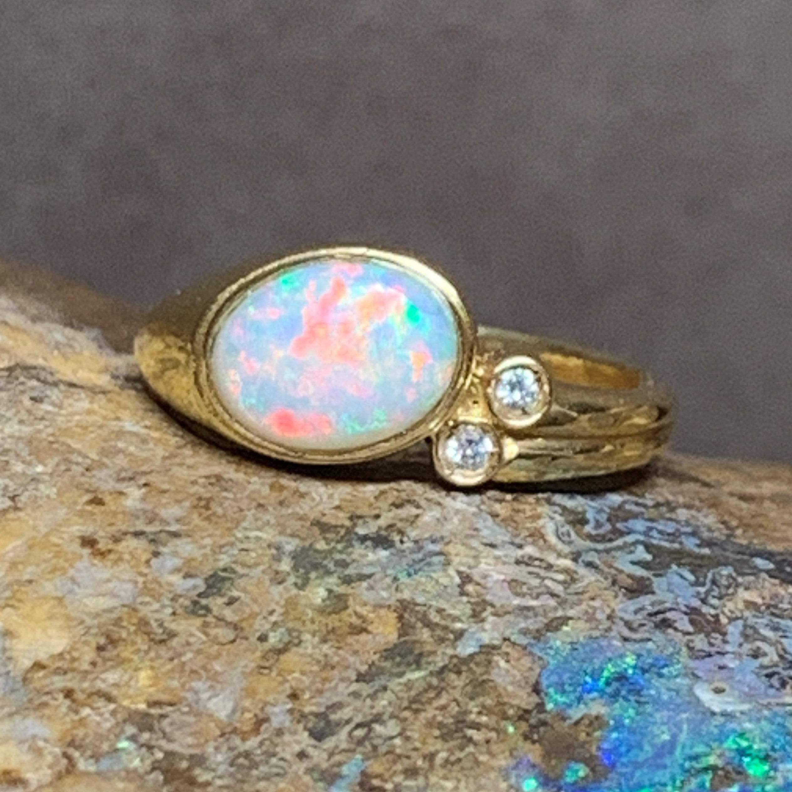 18kt Yellow Gold White Opal and Diamond ring - Masterpiece Jewellery Opal & Gems Sydney Australia | Online Shop