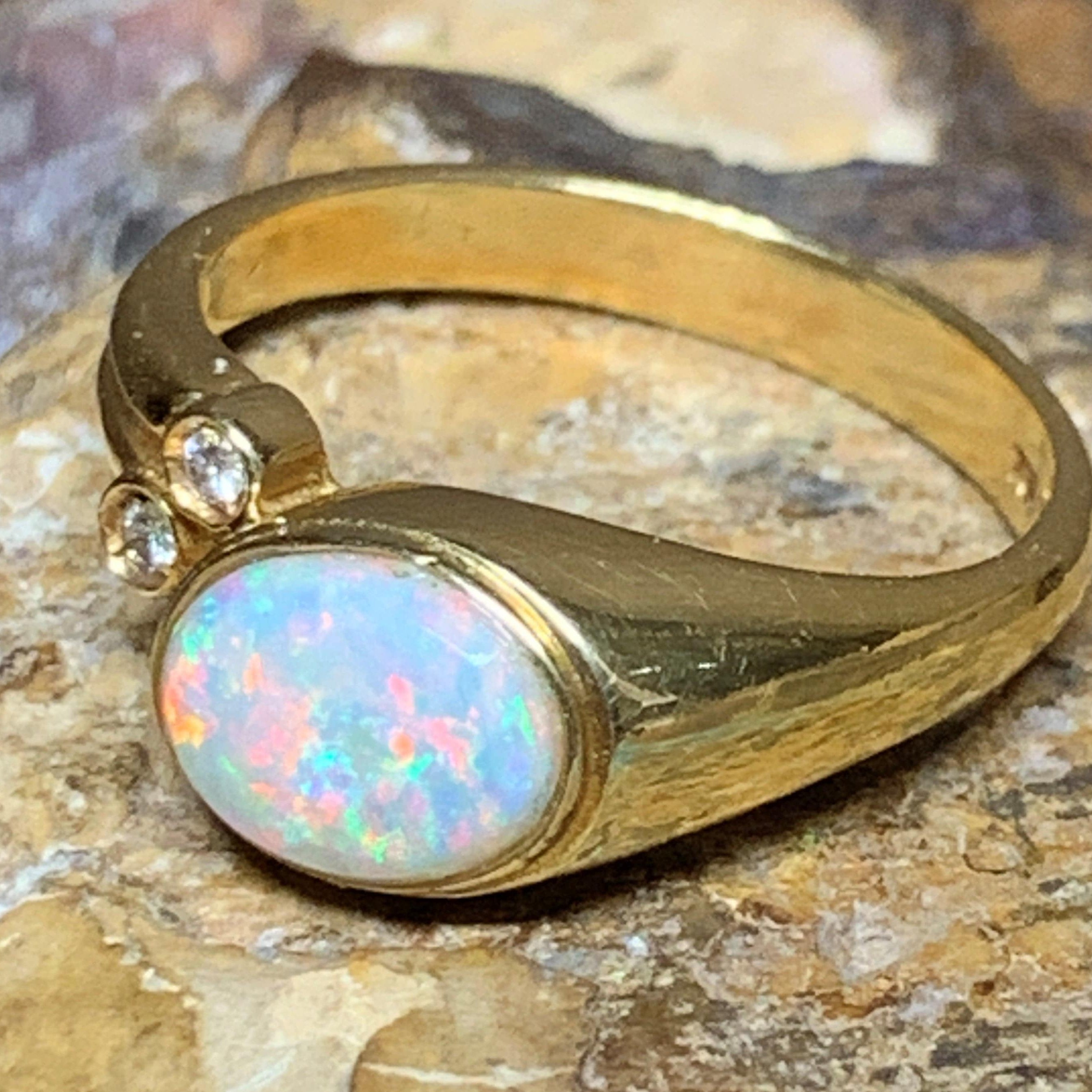 18kt Yellow Gold White Opal and Diamond ring - Masterpiece Jewellery Opal & Gems Sydney Australia | Online Shop