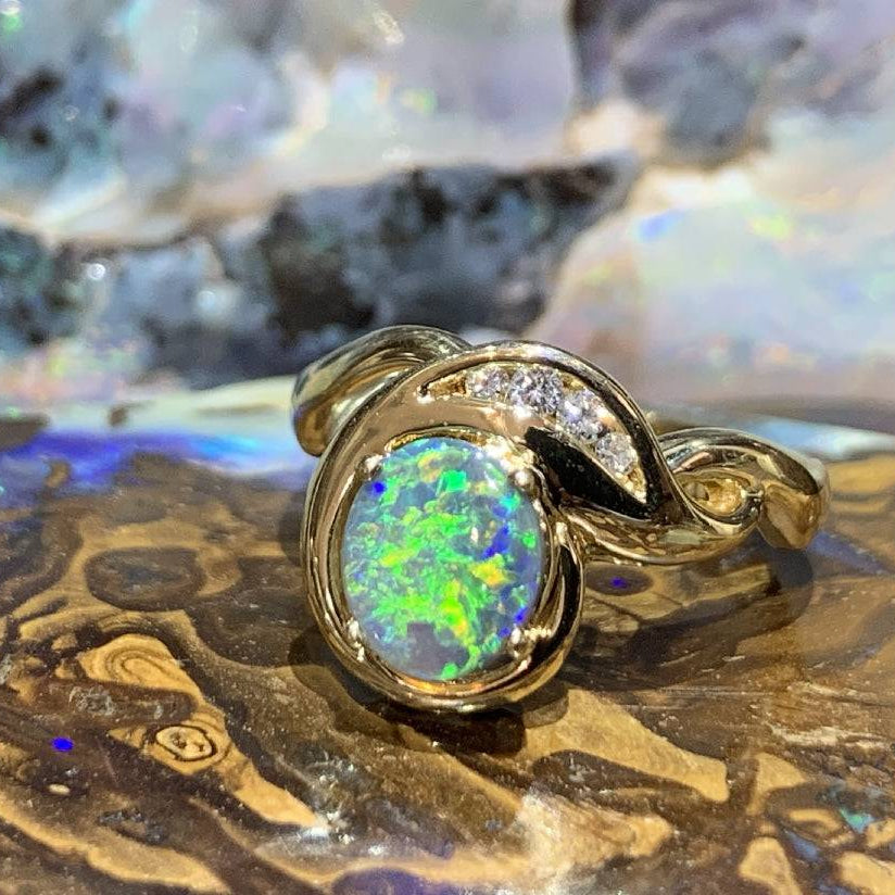 18kt Yellow Gold Black Opal and DIamond ring - Masterpiece Jewellery Opal & Gems Sydney Australia | Online Shop